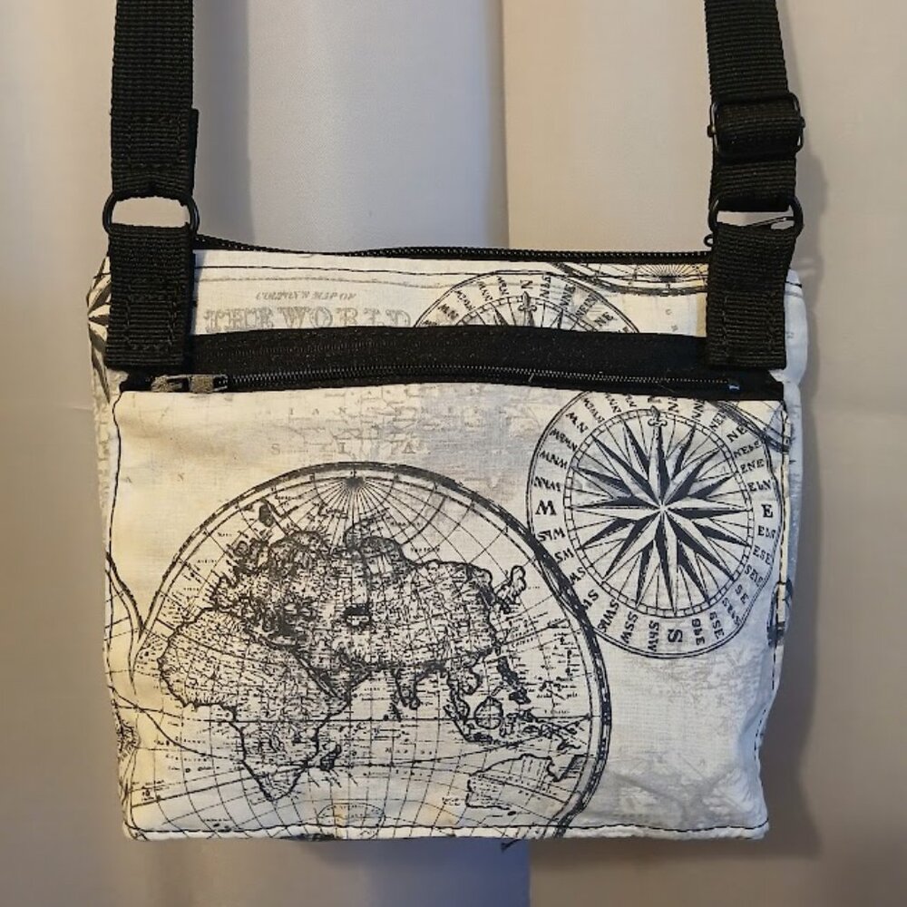 New Globe Compass Sling bag Crossbody Purse Ivory Black Travel bag Worldly Sail